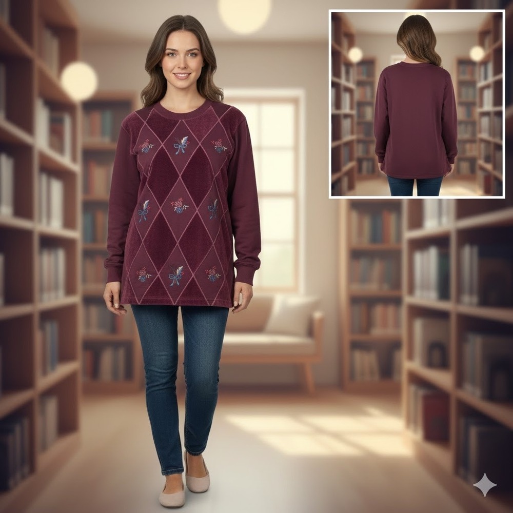 Alfred Dunner Womens Small Burgundy Velour Diamond Floral Embroidered Sweatshirt